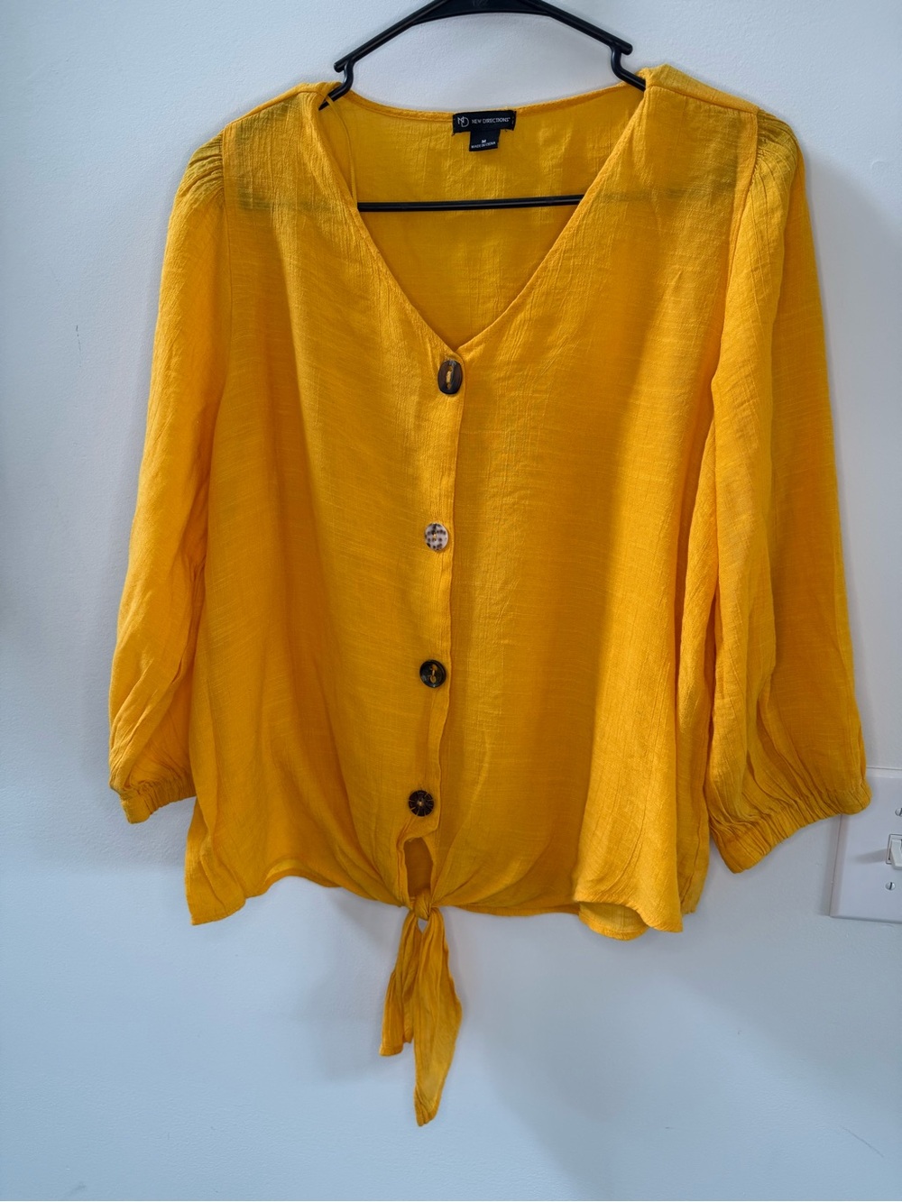 new directions Mustard Yellow Tie-Hem Button Front Blouse